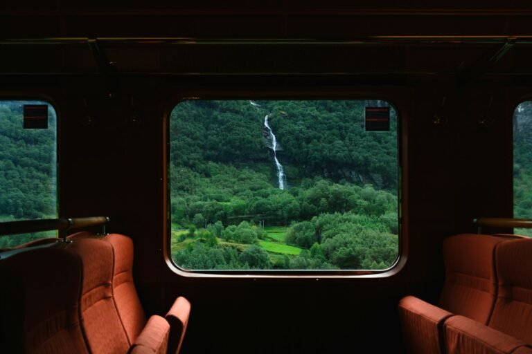Waterfall and forest seen through a train window